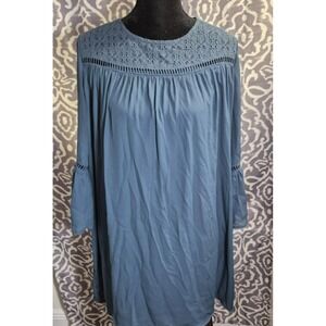 Miami women's blue dress 3/4 bell sleeves aline lace accent below knees Large